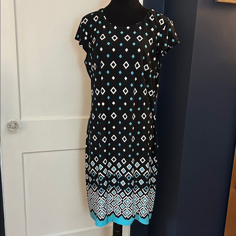 Liz Claiborne Black Dress with White and Turquoise Geometric Print